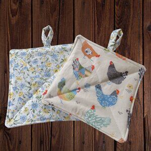 Handmade Potholder, Set of 2, Reversible Chickens and Floral Quilted Hot Pads